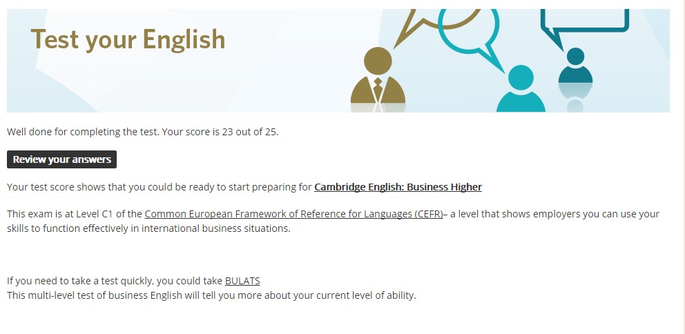 Результат теста английского в Cambridge English